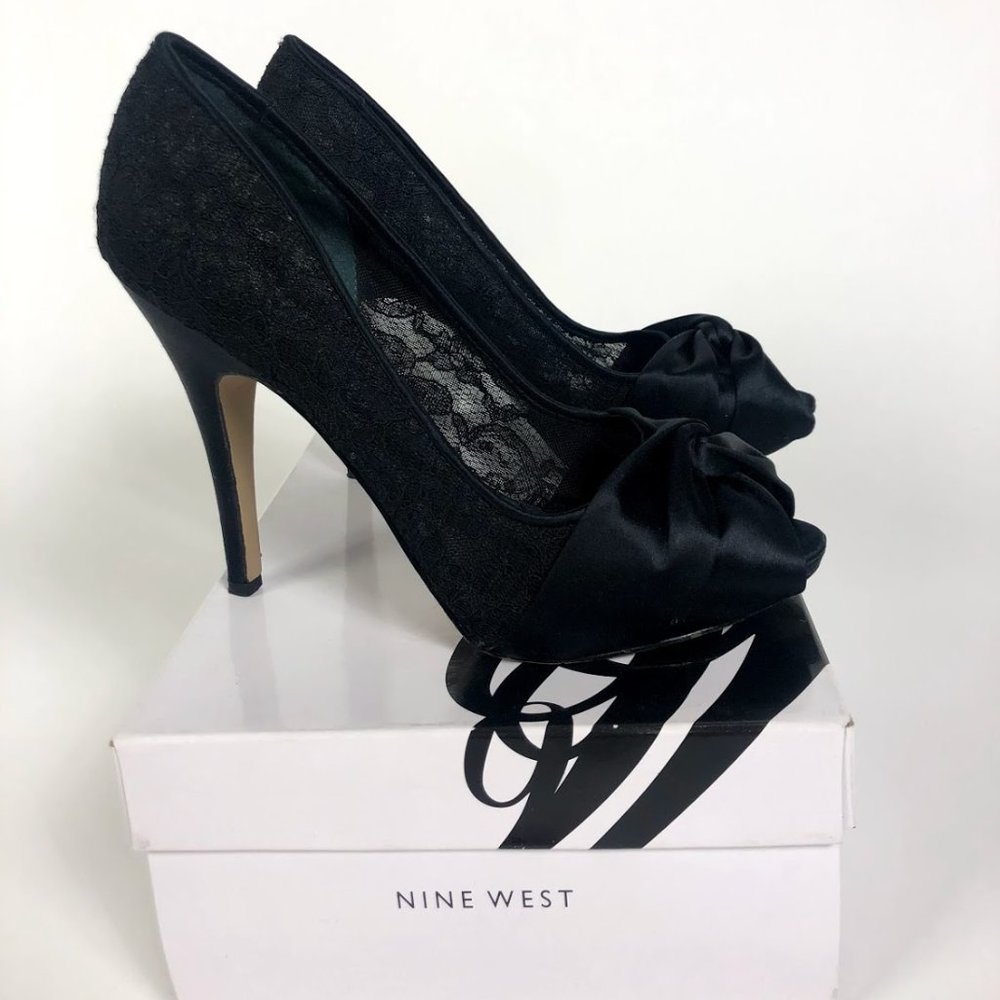 Nine West Black Lace + Satin Peeptoe Heels